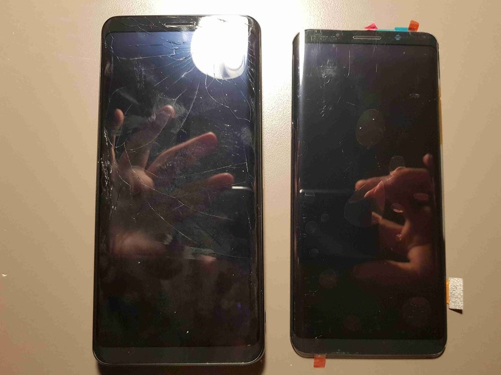 Comparison: broken screen on the left (on the phone), new screen on the right